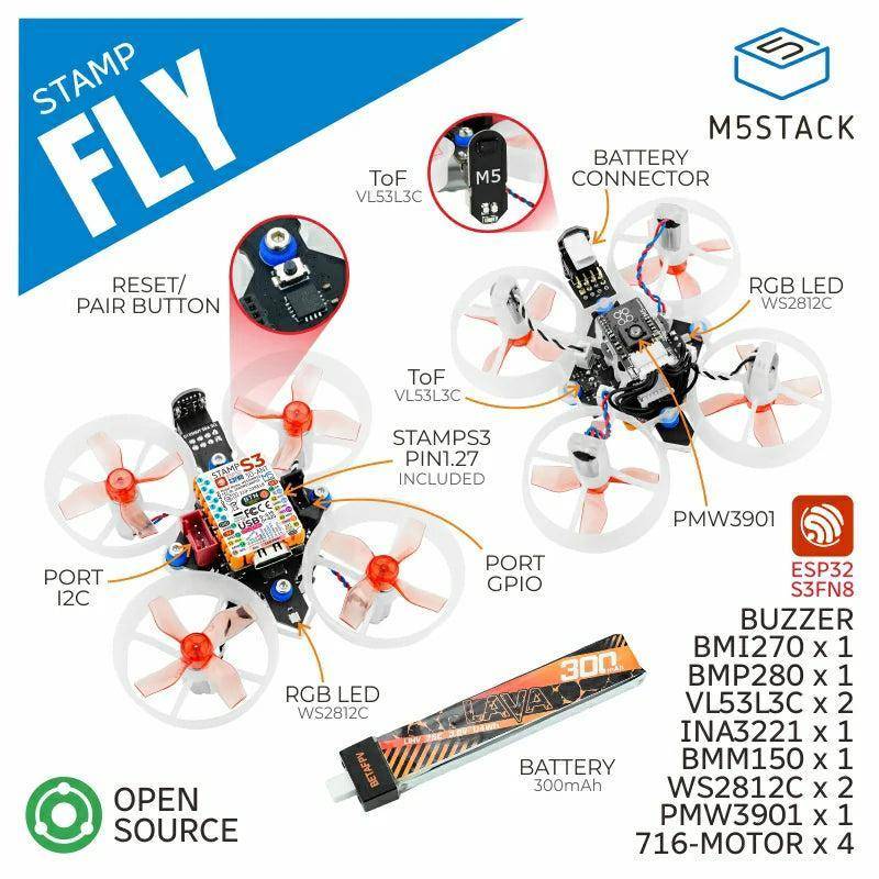 M5Stamp Fly Quadrocopter Kit, ESP32-S3, BMP280, VL53L3, 81,5x81,5x31 mm, 300mAh, 3,3-5V