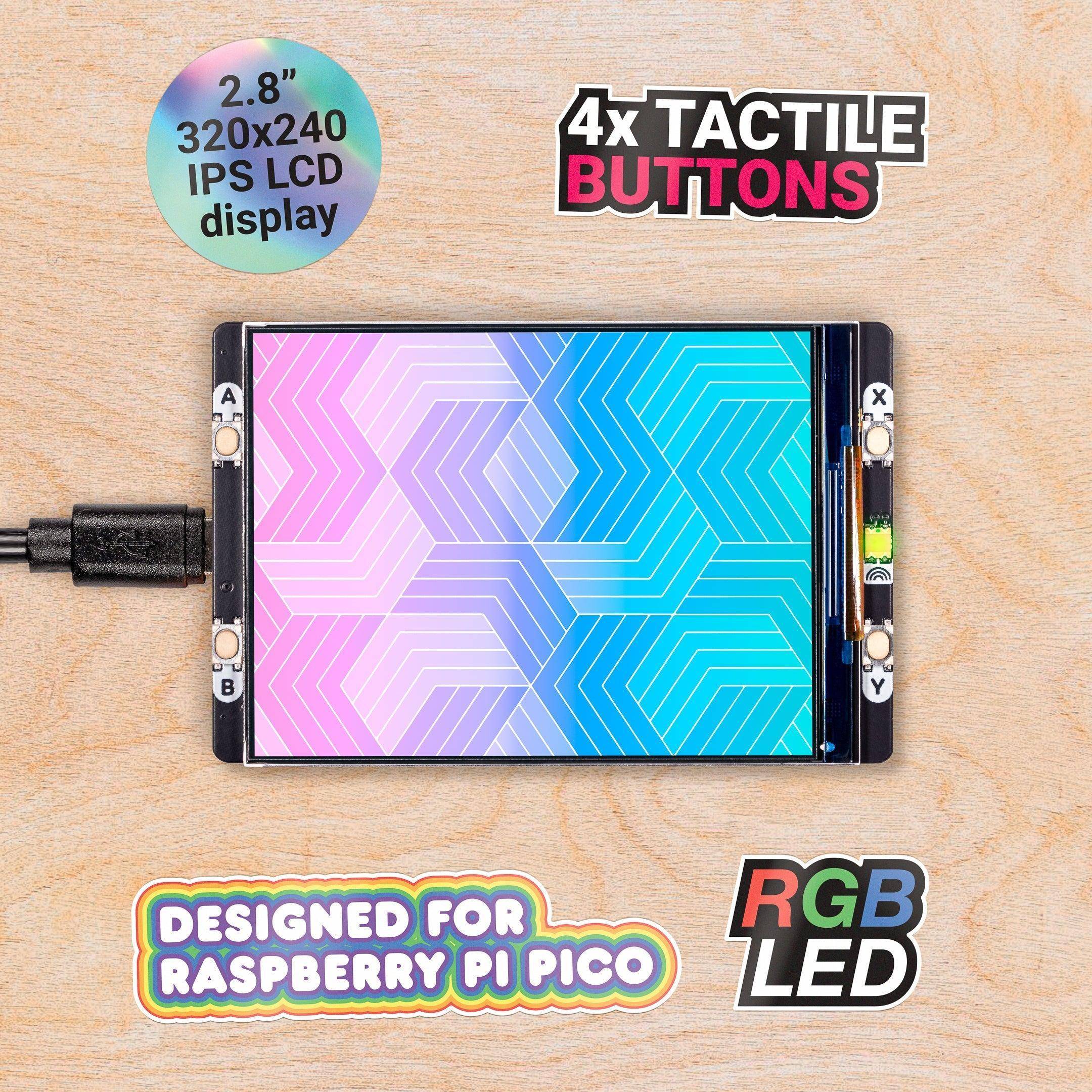 Pimoroni Pico Display Pack 2.8", für Raspberry Pi Pico, 320x240 IPS LCD, 4 Tasten, RGB LED, Qw/ST