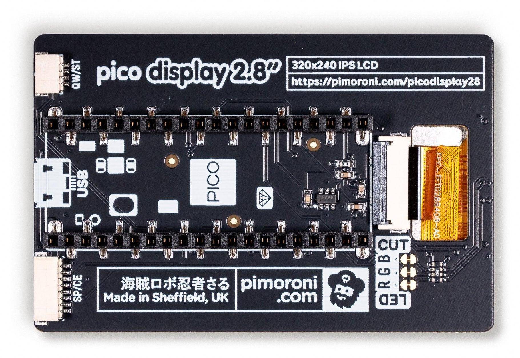 Pimoroni Pico Display Pack 2.8", für Raspberry Pi Pico, 320x240 IPS LCD, 4 Tasten, RGB LED, Qw/ST