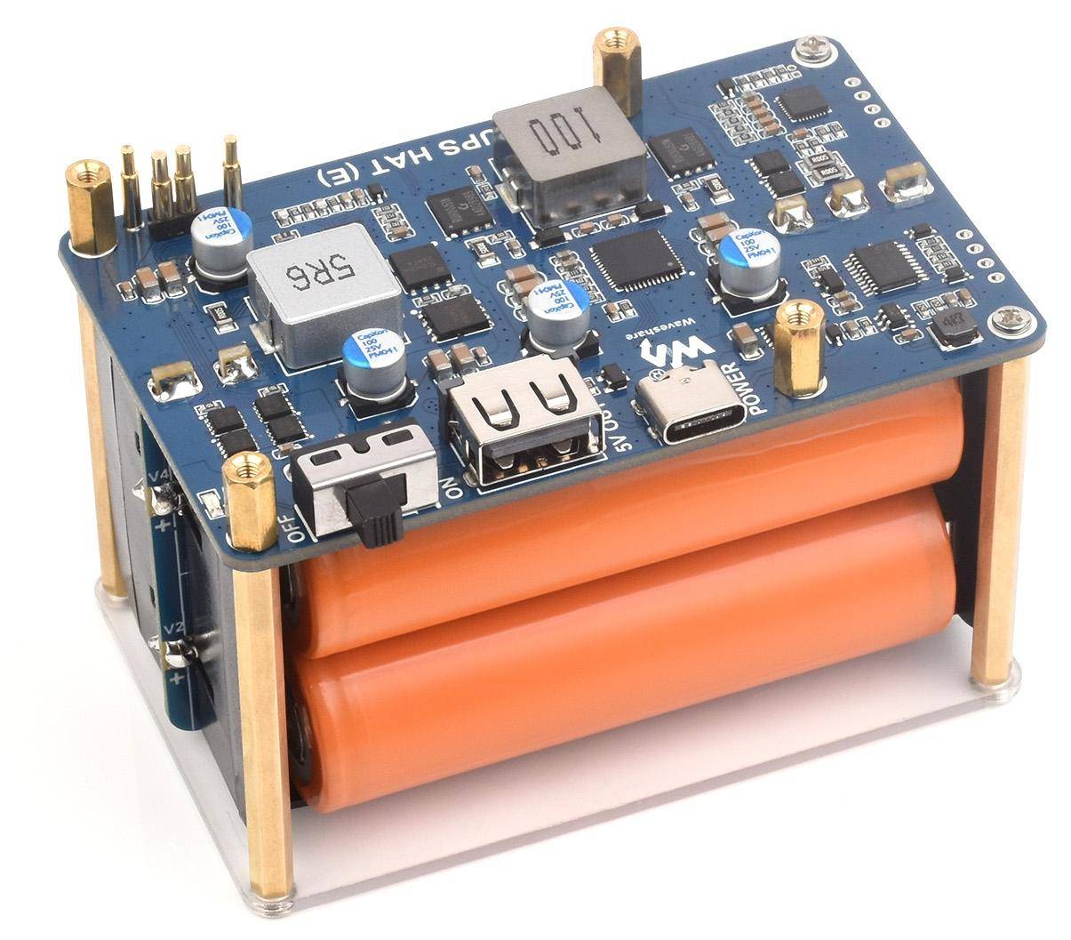 Waveshare UPS HAT E für Raspberry Pi, 4x Akku-Slots, Bi-Directional Charging, I2C, Pogo Pins, 5V 6A