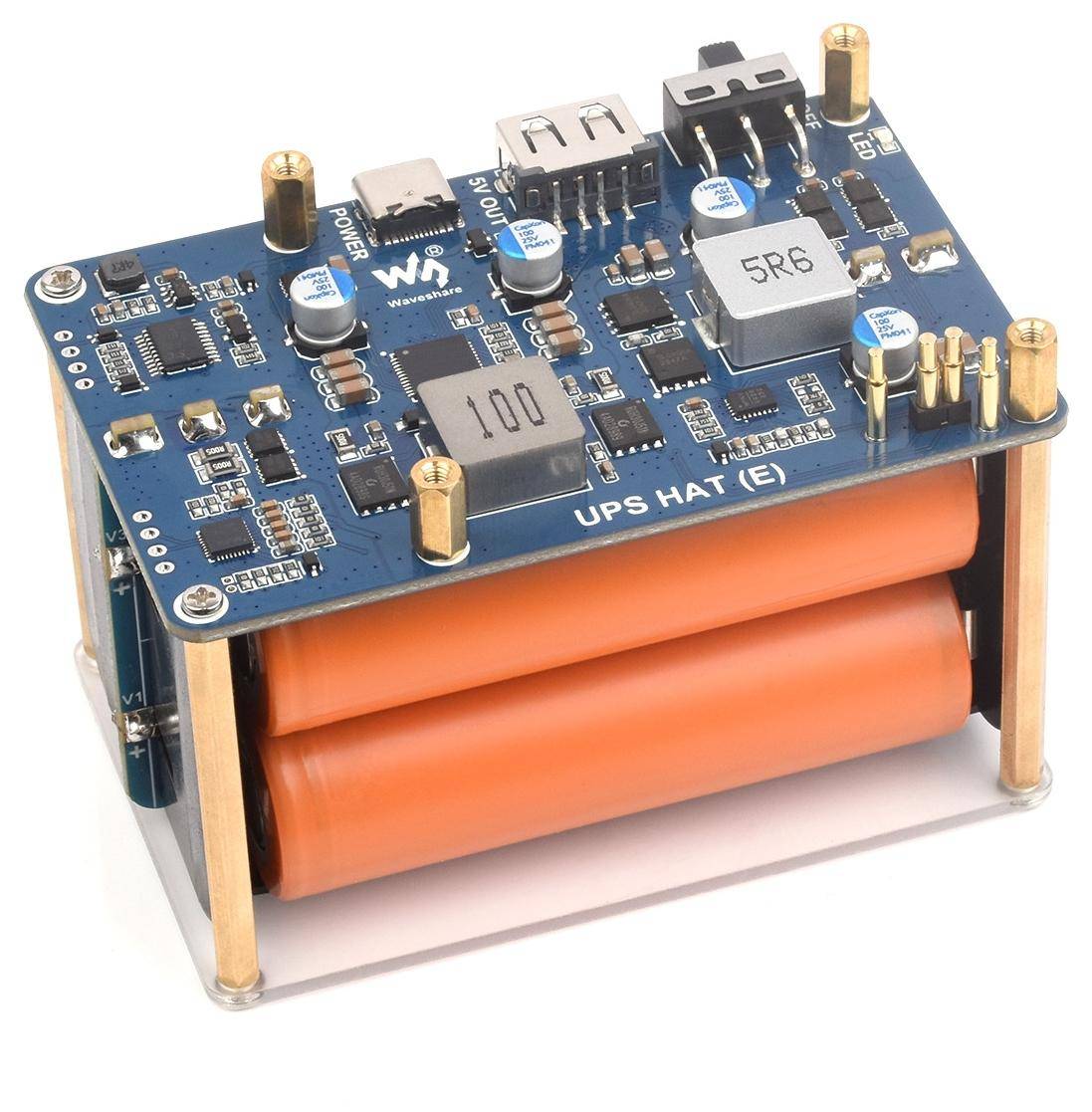 Waveshare UPS HAT E für Raspberry Pi, 4x Akku-Slots, Bi-Directional Charging, I2C, Pogo Pins, 5V 6A