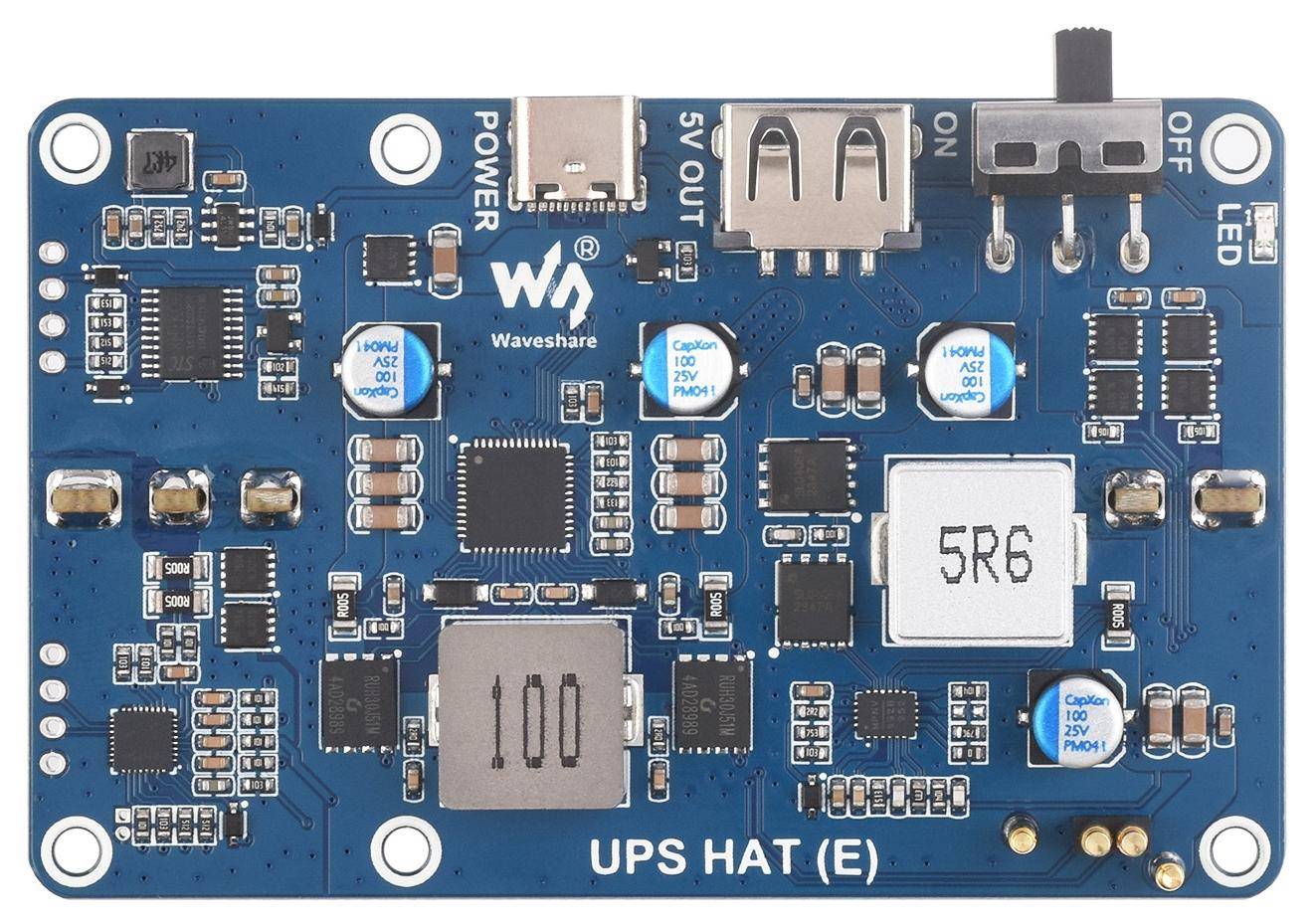 Waveshare UPS HAT E für Raspberry Pi, 4x Akku-Slots, Bi-Directional Charging, I2C, Pogo Pins, 5V 6A
