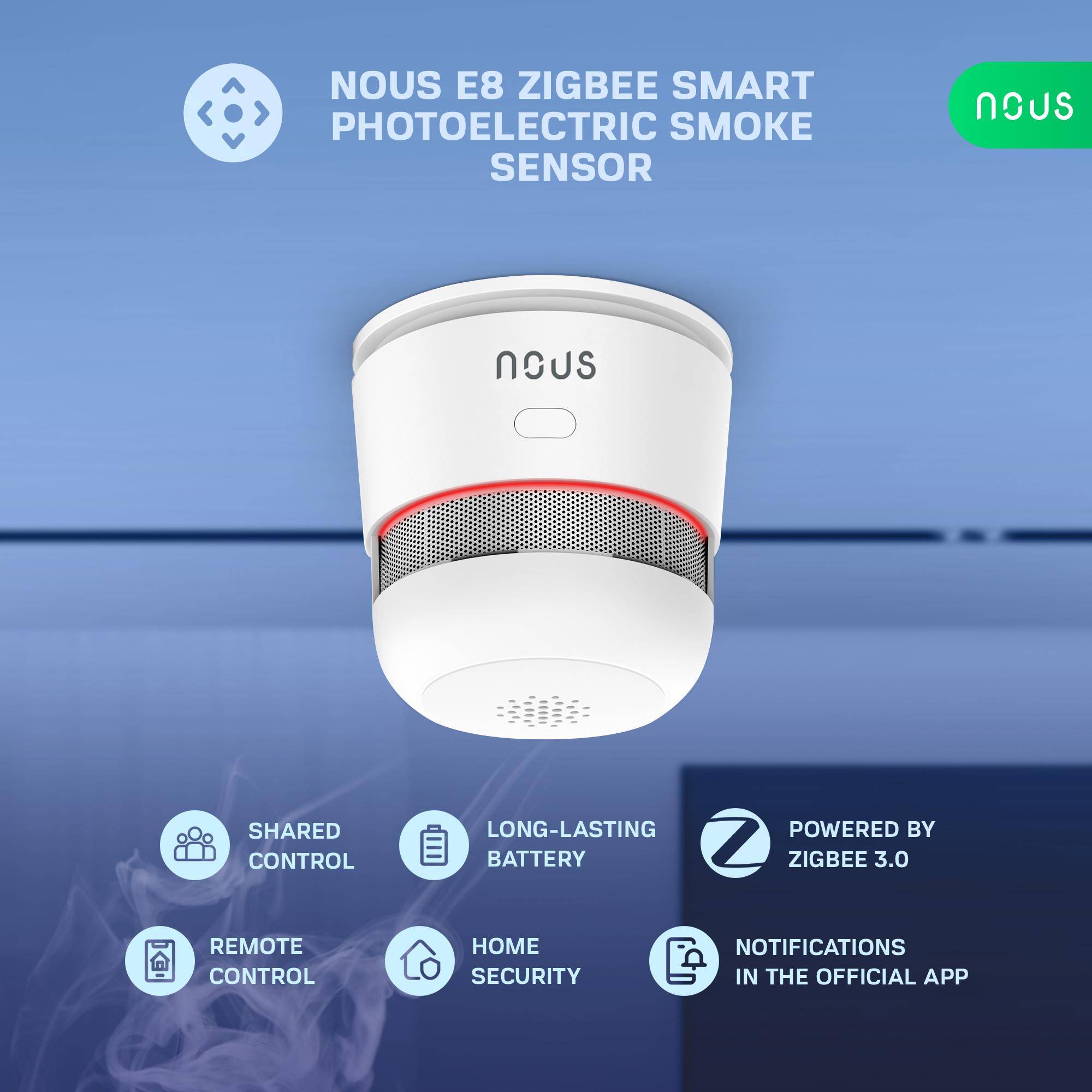NOUS E8 Smart Rauchmelder, ZigBee 3.0, CR123A Batterie, min. 85 dB, App-Steuerung, Alexa und Google