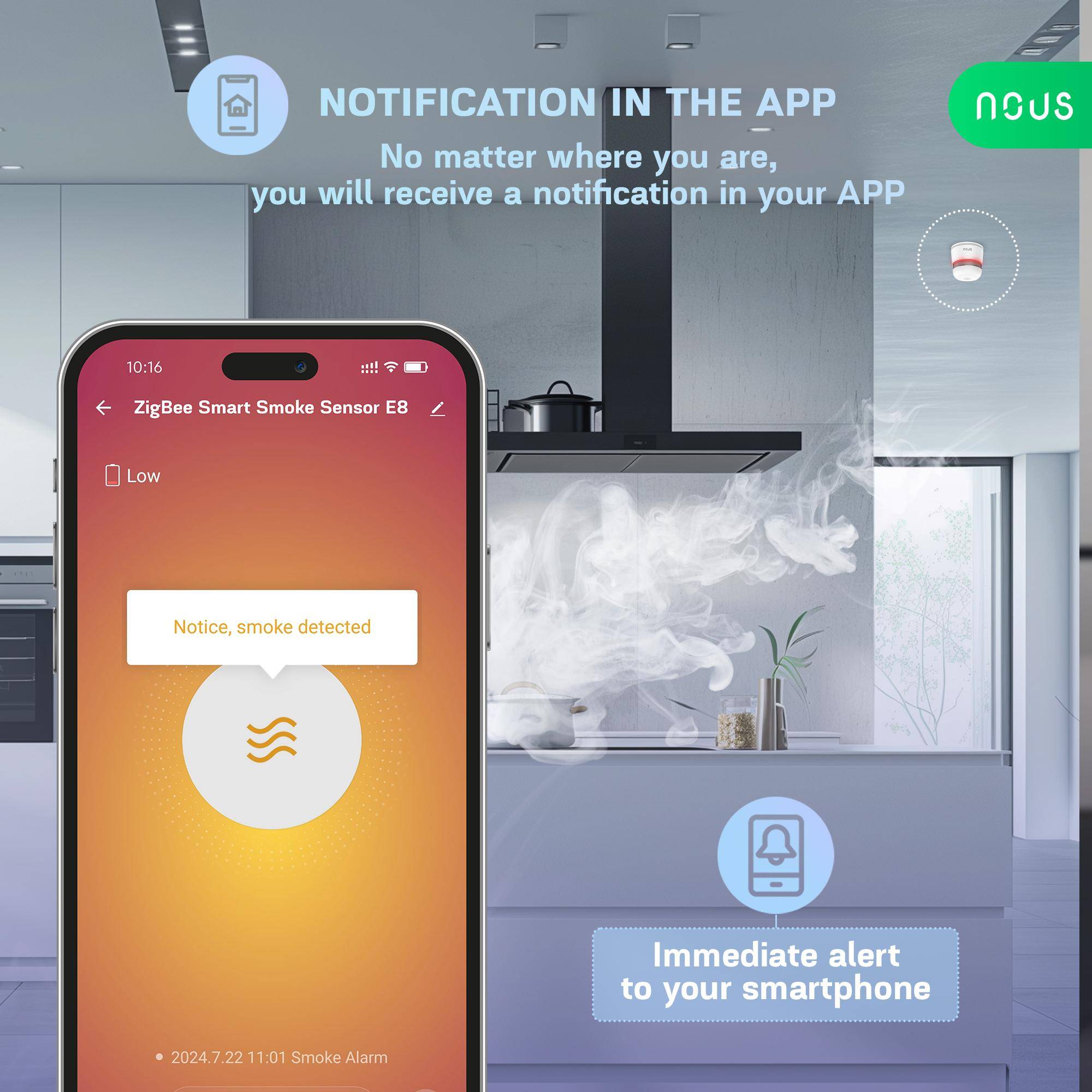 NOUS E8 Smart Rauchmelder, ZigBee 3.0, CR123A Batterie, min. 85 dB, App-Steuerung, Alexa und Google