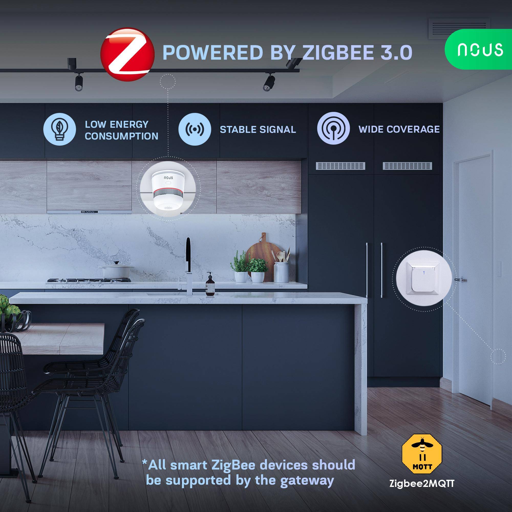 NOUS E8 Smart Rauchmelder, ZigBee 3.0, CR123A Batterie, min. 85 dB, App-Steuerung, Alexa und Google