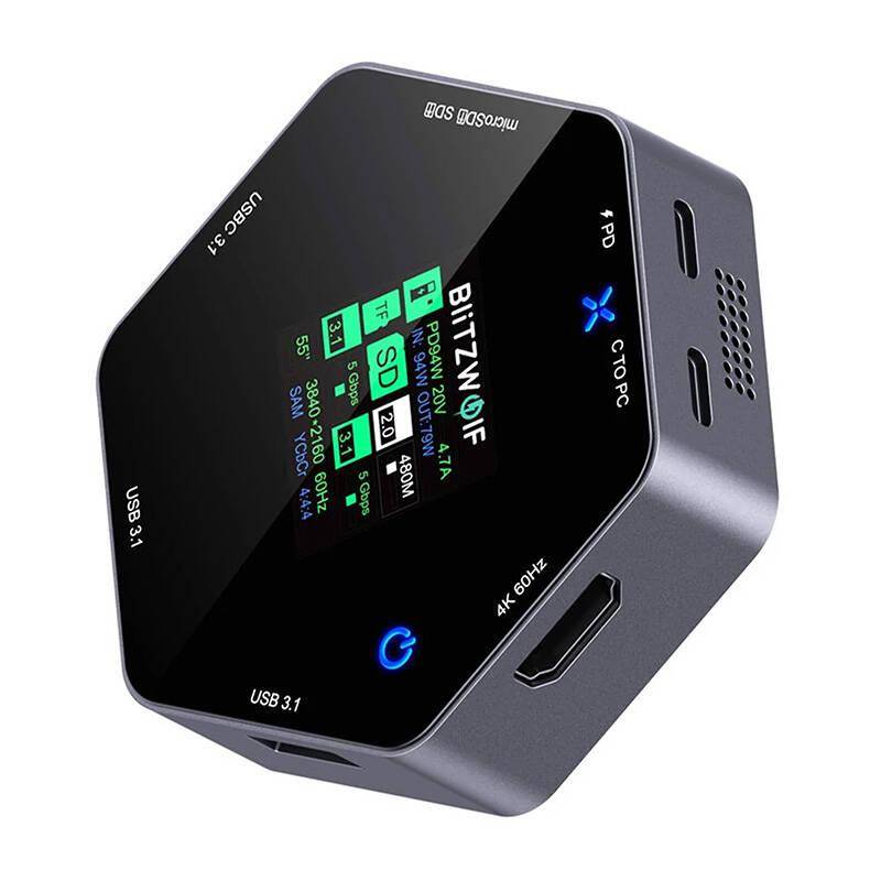 BlitzWolf 8-in-1 Smart Display Docking Station, USB-C zu 2x USB 3.0 + HDMI 4K@60Hz + SD + USB-C PD