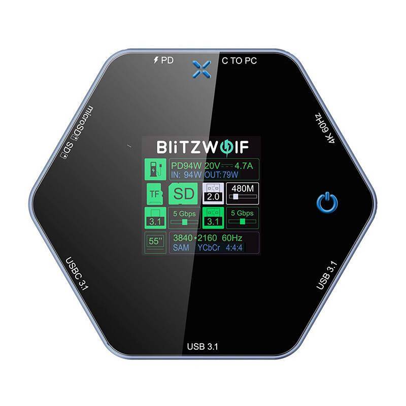 BlitzWolf 8-in-1 Smart Display Docking Station, USB-C zu 2x USB 3.0 + HDMI 4K@60Hz + SD + USB-C PD
