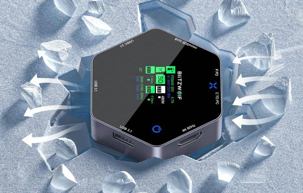 BlitzWolf 8-in-1 Smart Display Docking Station, USB-C zu 2x USB 3.0 + HDMI 4K@60Hz + SD + USB-C PD