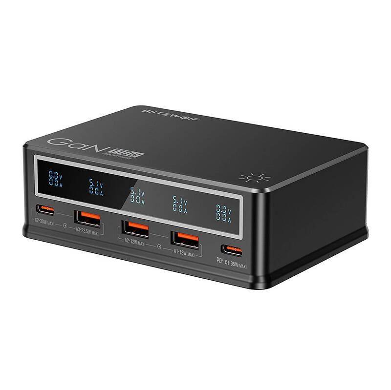 BlitzWolf BW-i9 Desktop USB Ladegerät, 3x USB-A + 2x USB-C , QC 3.0, 110W, schwarz