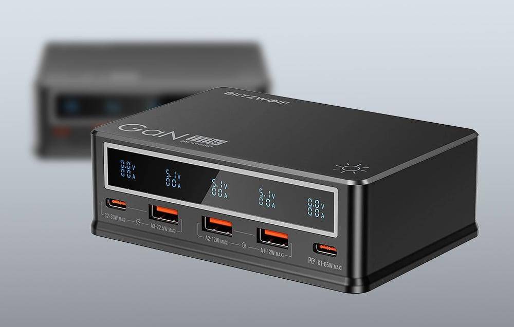 BlitzWolf BW-i9 Desktop USB Ladegerät, 3x USB-A + 2x USB-C , QC 3.0, 110W, schwarz