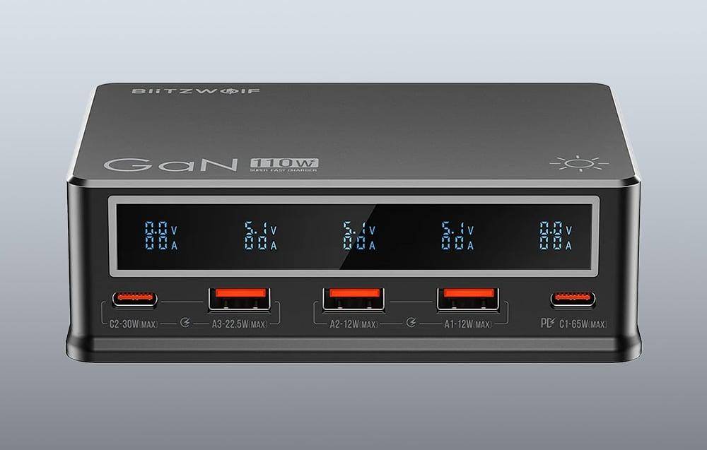 BlitzWolf BW-i9 Desktop USB Ladegerät, 3x USB-A + 2x USB-C , QC 3.0, 110W, schwarz