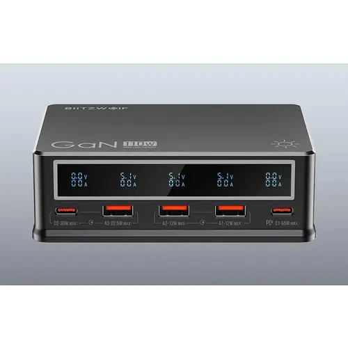 BlitzWolf BW-i9 Desktop USB Ladegerät, 3x USB-A + 2x USB-C , QC 3.0, 110W, schwarz BlitzWolf BW-i9 Desktop USB Ladegerät, 3x USB-A + 2x USB-C , QC 3.0, 110W, schwarz