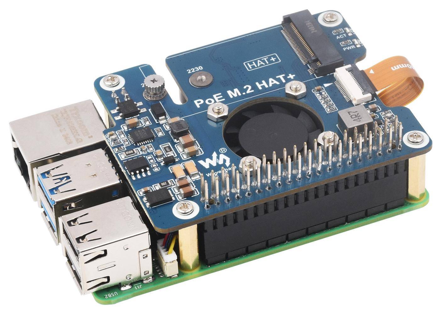 Waveshare PCIe zu M.2 Adapter, PoE HAT für Raspberry Pi 5, NVMe-SSD, 8 Gbps, POE bis zu 25W