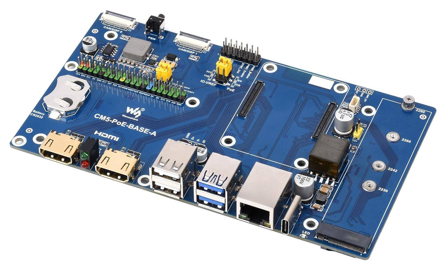 Waveshare Raspberry Pi Compute Module 5 IO Board, PoE, RTC, PWM, Dual-MIPI, M.2 NVMe, 5V