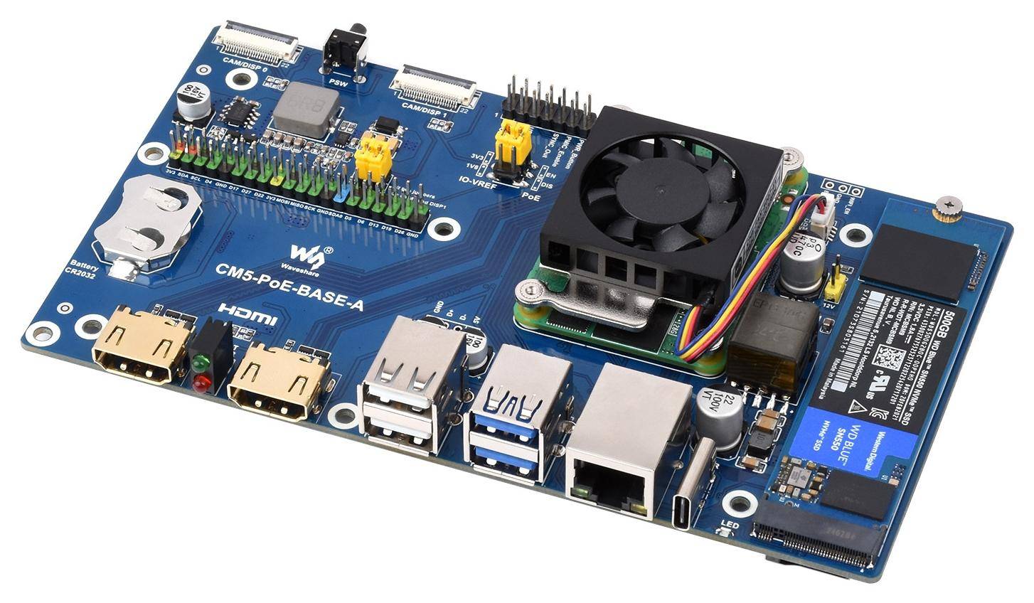 Waveshare Raspberry Pi Compute Module 5 IO Board, PoE, RTC, PWM, Dual-MIPI, M.2 NVMe, 5V