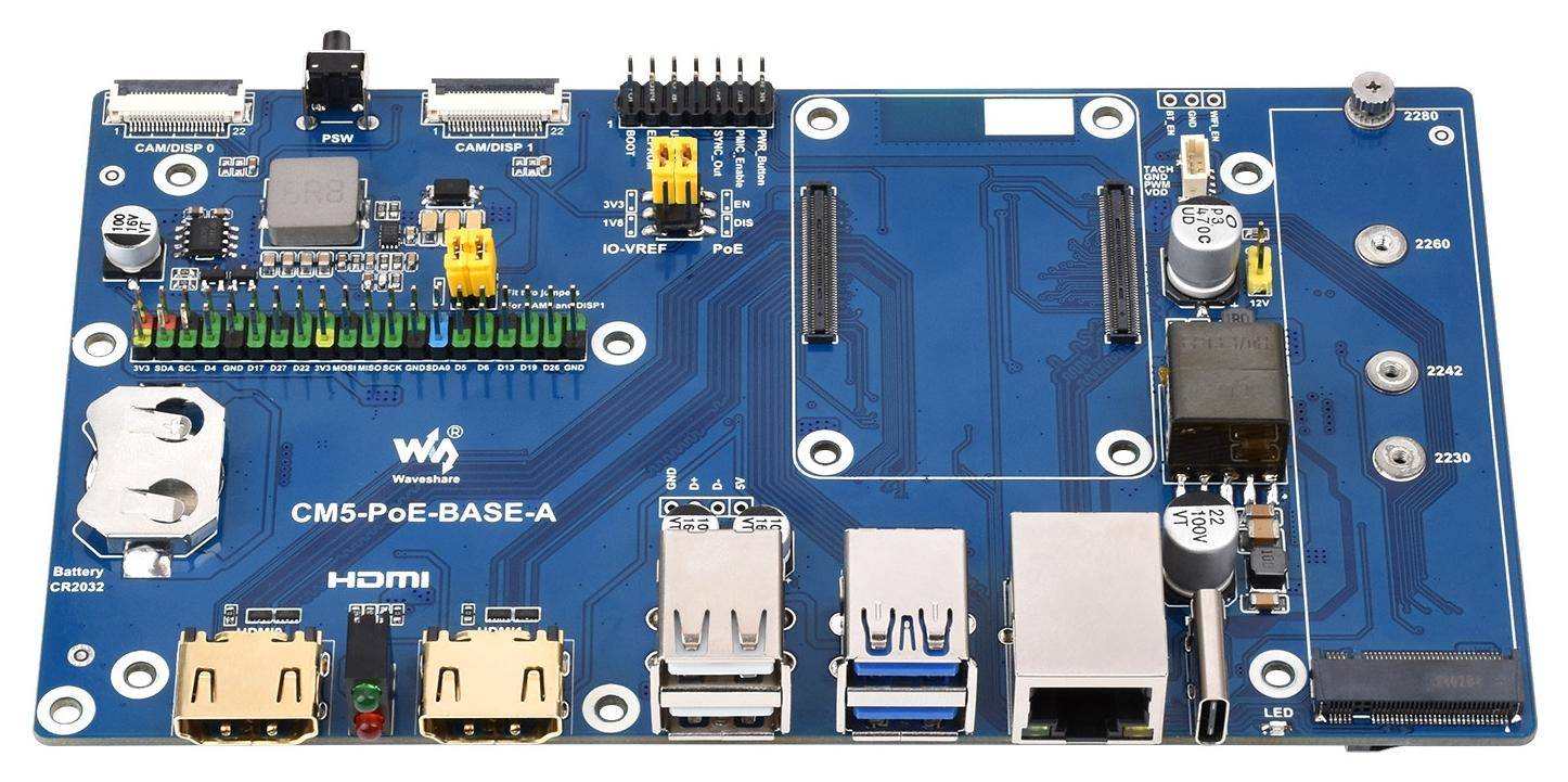 Waveshare Raspberry Pi Compute Module 5 IO Board, PoE, RTC, PWM, Dual-MIPI, M.2 NVMe, 5V