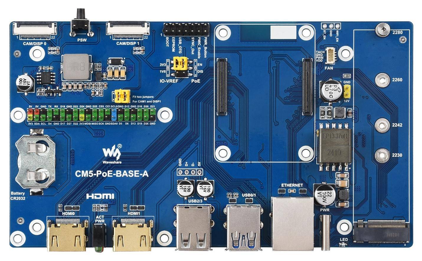 Waveshare Raspberry Pi Compute Module 5 IO Board, PoE, RTC, PWM, Dual-MIPI, M.2 NVMe, 5V