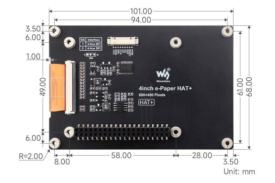 Waveshare E-Ink-Farb-Display HAT+, 4 Zoll, 600x400, Spectra 6, SPI, mit Treiber-Board, 3,3/5V