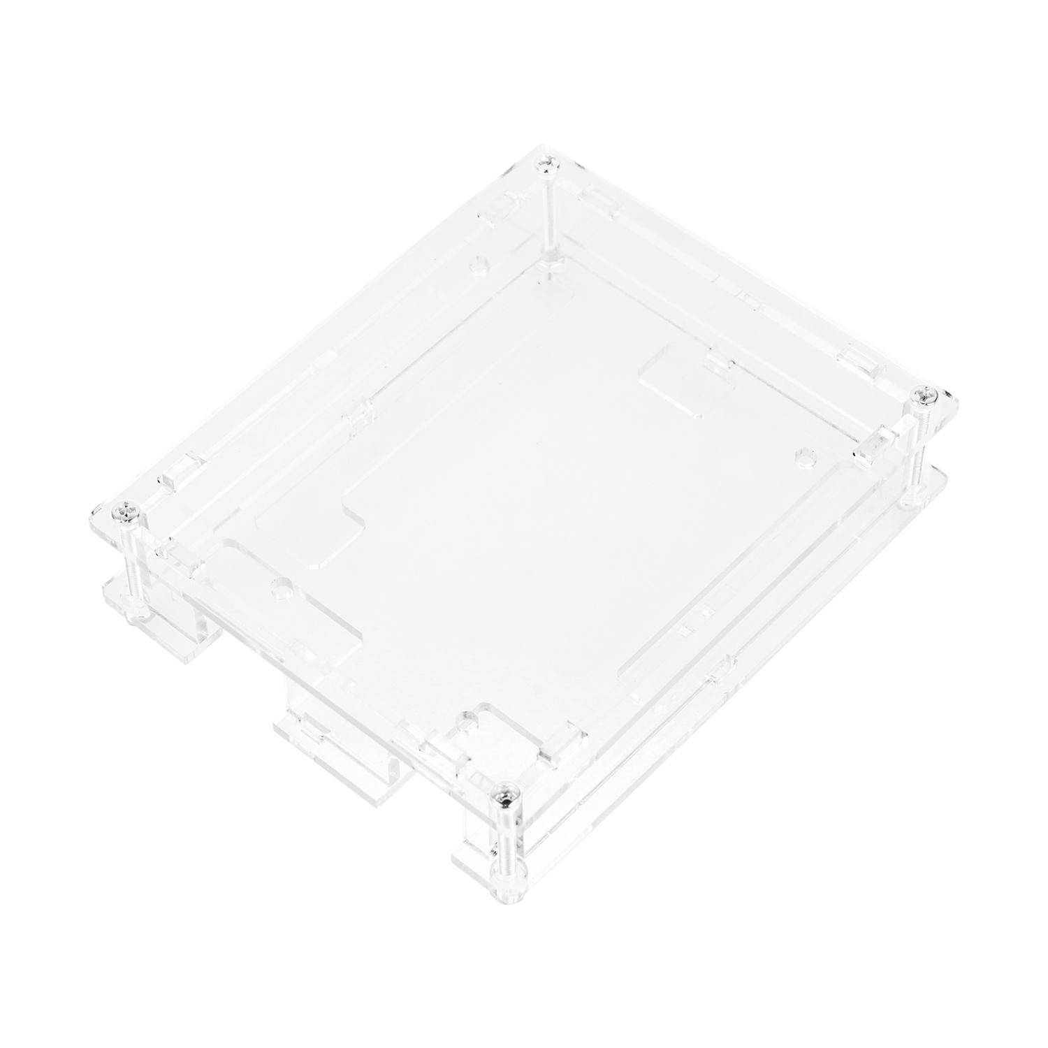 Transparentes rechteckiges Acrylgehäuse mit offener Oberseite und Eckstützen, dargestellt auf einem schlichten weißen Hintergrund.
