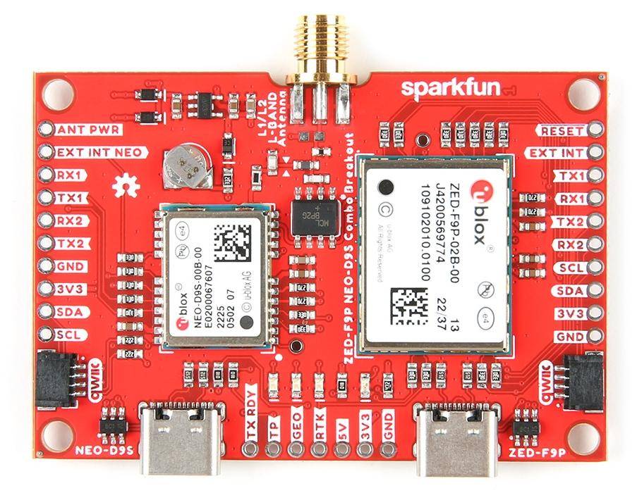 SparkFun GNSS Combo Breakout, ZED-F9P, NEO-D9S, Zentimetergenau, Multi-Band, L1C/A & L2C, I2C
