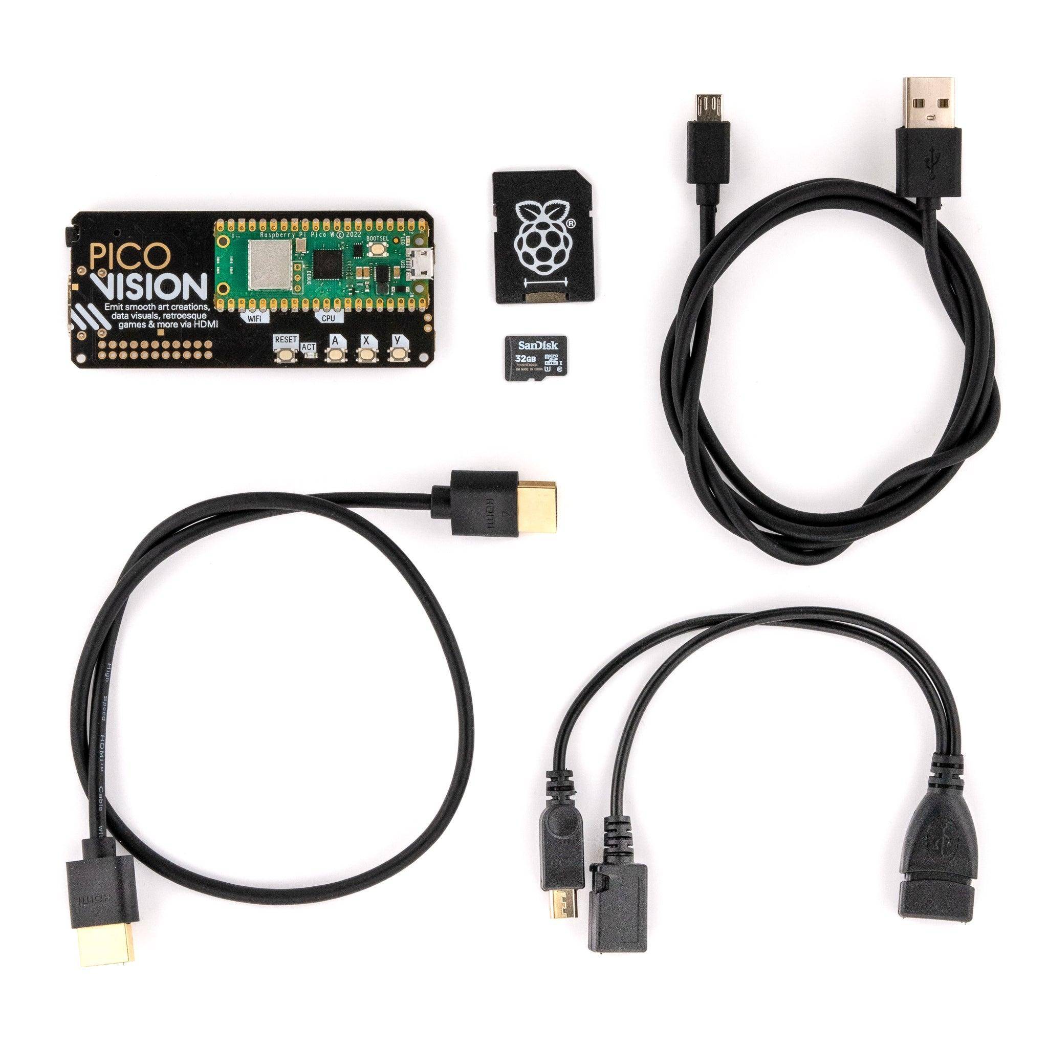 Pimoroni PicoVision PicoW + Zubehör Kit, 264kB SRAM, 2MB Flash, HDMI, 32GB MicroSD, USB Splitter