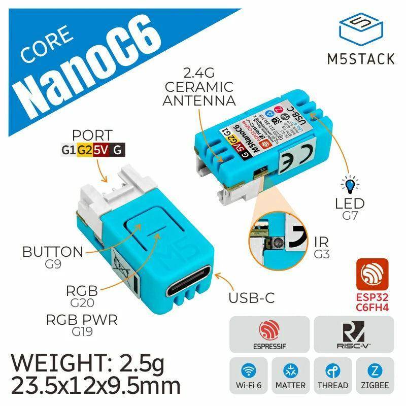 M5Stack NanoC6 IoT-Dev-Kit, ESP32-C6FH4, Wi-Fi 6, Zigbee, Thread, RGB-LED, Grove, 600mA, 5V