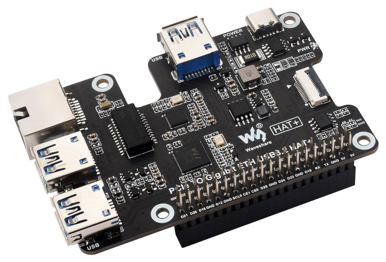 Waveshare PCIe zu Gigabit Ethernet und USB 3.2 Gen1 HAT, 3x USB 3.2, Plug&Play, für Raspberry Pi 5