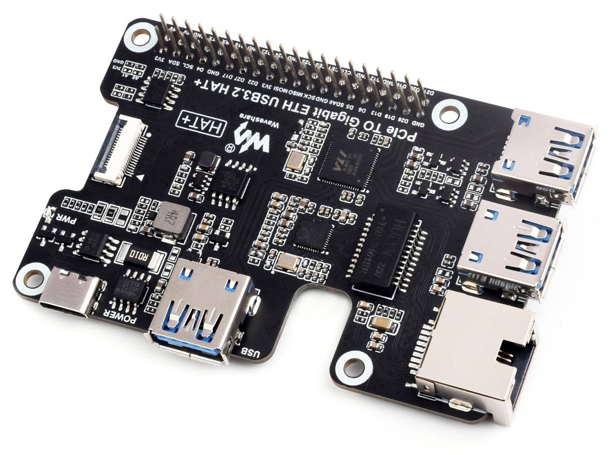 Waveshare PCIe zu Gigabit Ethernet und USB 3.2 Gen1 HAT, 3x USB 3.2, Plug&Play, für Raspberry Pi 5
