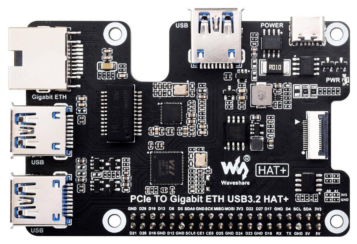 Waveshare PCIe zu Gigabit Ethernet und USB 3.2 Gen1 HAT, 3x USB 3.2, Plug&Play, für Raspberry Pi 5