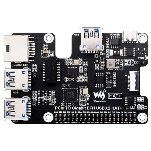 Waveshare PCIe zu Gigabit Ethernet und USB 3.2 Gen1 HAT, 3x USB 3.2, Plug&Play, für Raspberry Pi 5 Waveshare PCIe zu Gigabit Ethernet und USB 3.2 Gen1 HAT, 3x USB 3.2, Plug&Play, für Raspberry Pi 5