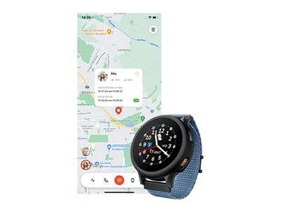 Eine Smartwatch mit blauem Armband zeigt die Zeit an. Dahinter zeigt ein Kartenbildschirm auf einem Telefon eine Standortmarkierung und Kontaktinformationen mit dem Namen „Ita