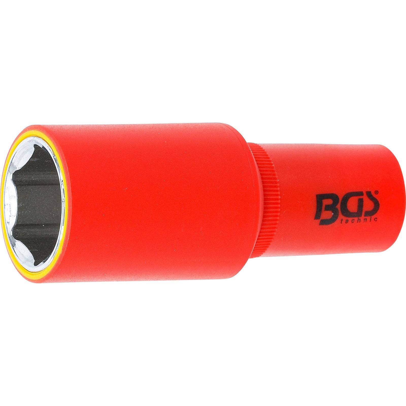 Roter Steckschlüssel mit einem Schutzüberzug, vorgesehen für die Verwendung bei Radmuttern von Kraftfahrzeugen, mit dem 'BGS' Logo markiert.