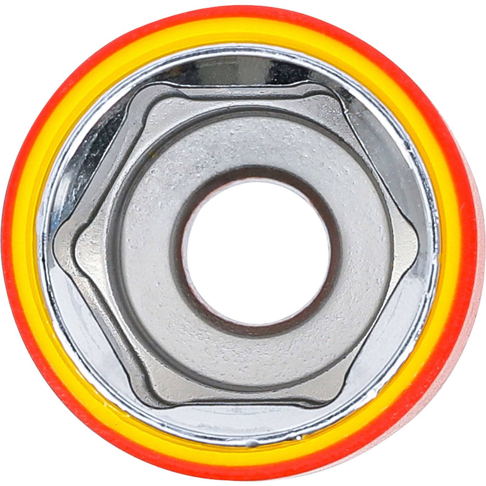 Ein rot-gelbes rundes Skateboard-Lager mit einem glänzenden Metallkern, von oben betrachtet.