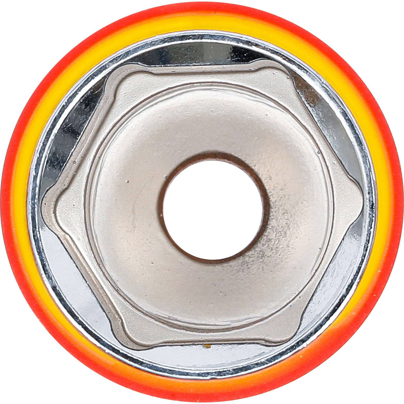 Eine Nahaufnahme eines runden silbernen Metallkugellagers mit einem orange-gelben Rand, das seine kreisförmige Form und das zentrale Loch zeigt.