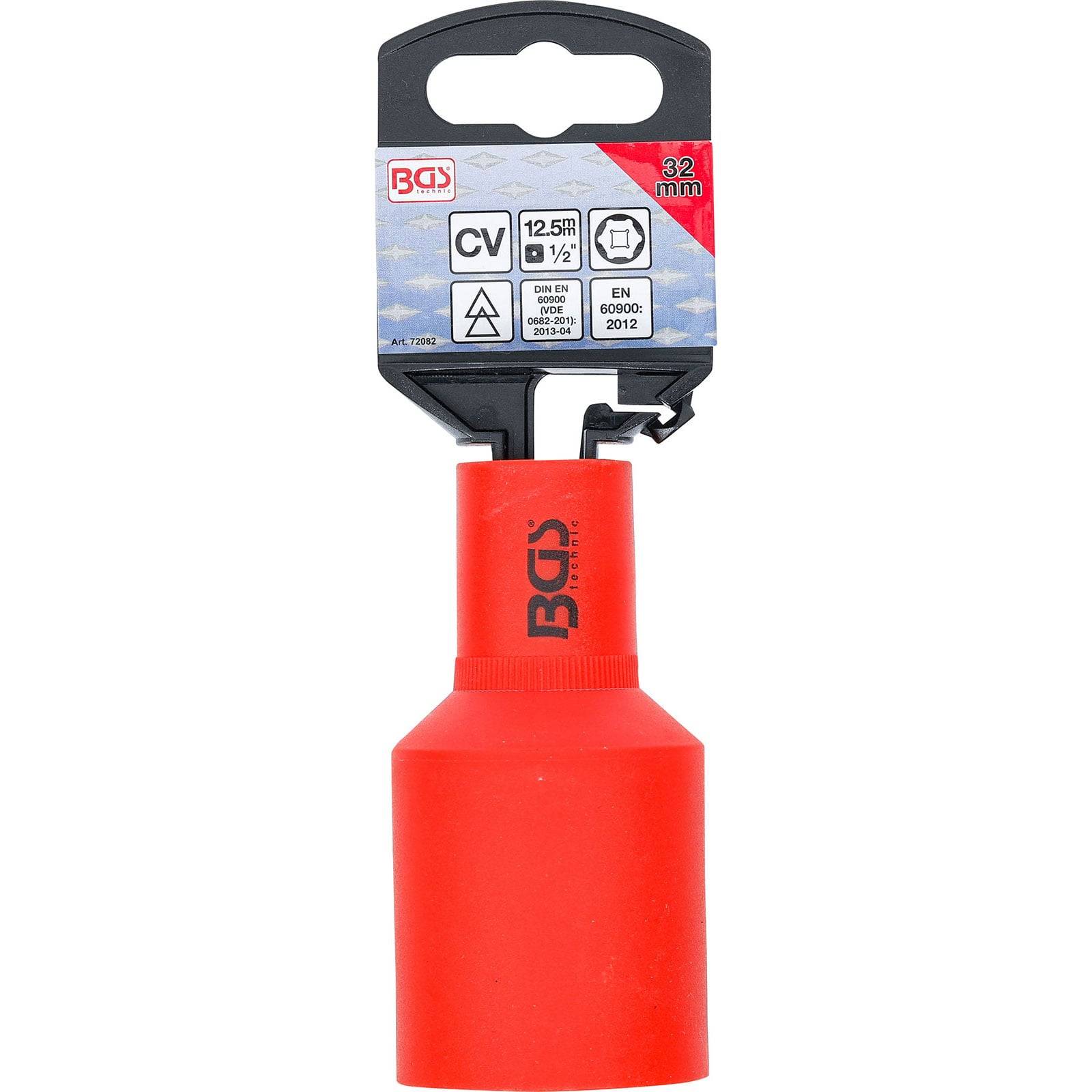 Ein roter Schutzsteckdosenhalter mit einem Etikett, das 