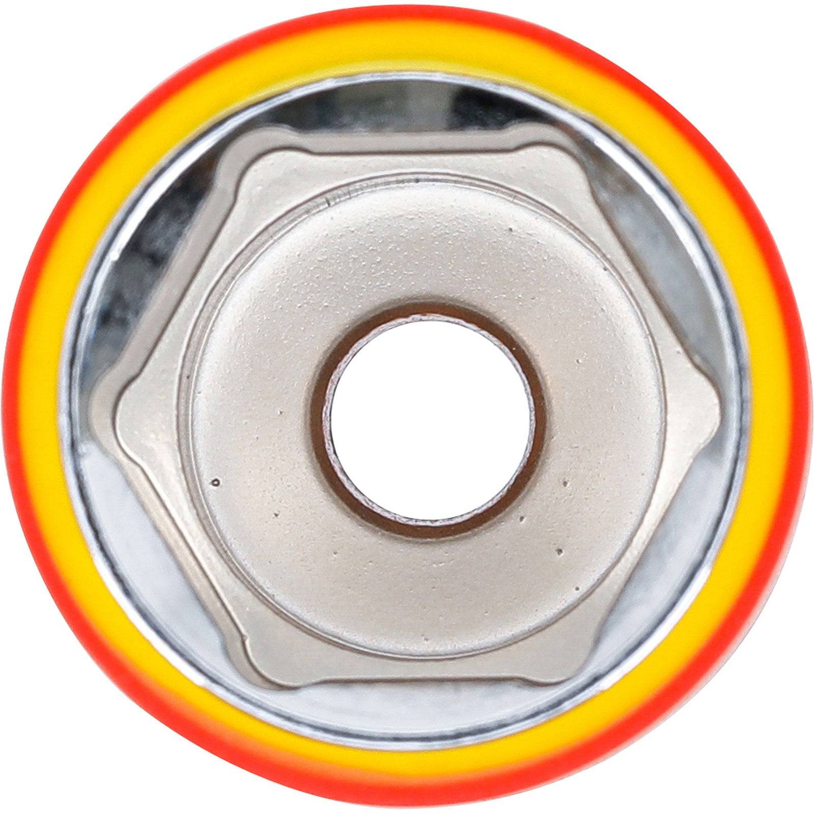 Eine Nahaufnahme einer Skateboardrad-Nabe mit einem metallischen Kern, der von einem gelben und roten Rand umgeben ist.