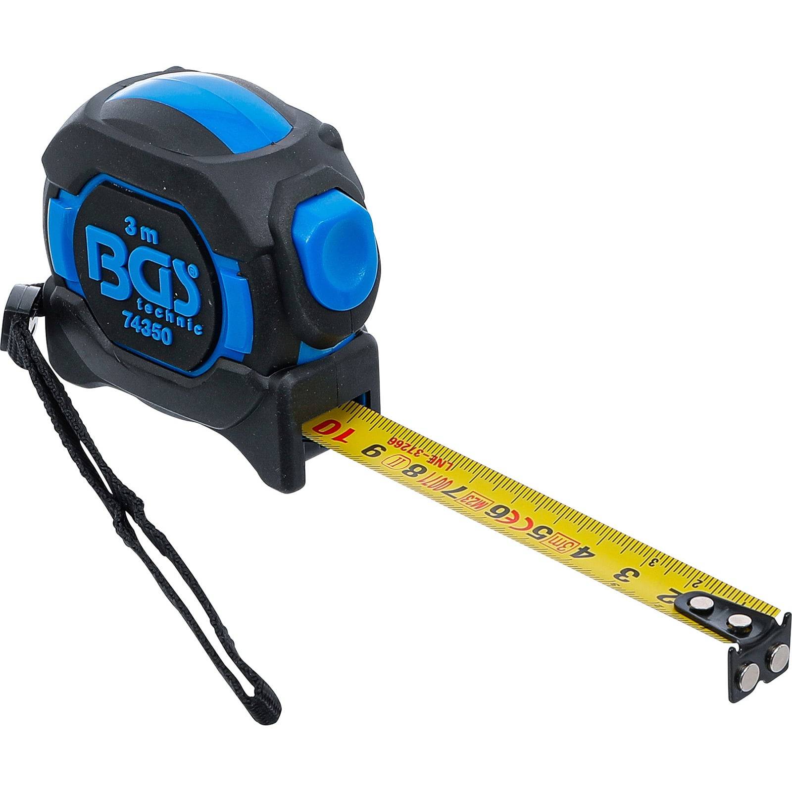 Ein blau und schwarz gehaltener 3-Meter-Maßstab mit gelb ausgefahrenem Band, in Zentimetern markiert, mit einem Handgelenkband für einfache Handhabung.