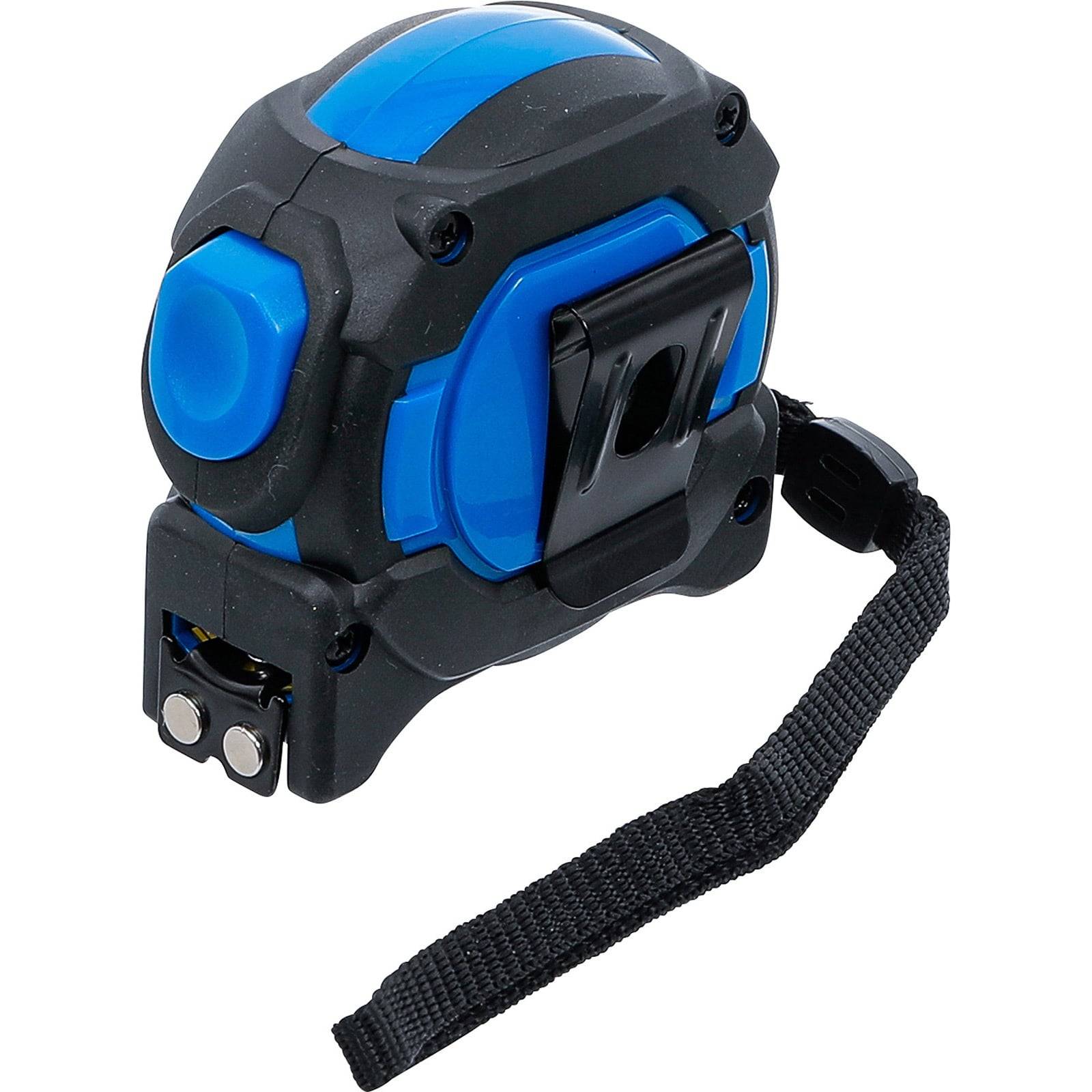 Ein schwarz-blauer einziehbarer Maßstab mit einem schwarzen Riemen und einer Klammer an der Seite, der zum Messen von Entfernungen oder Objekten verwendet wird.