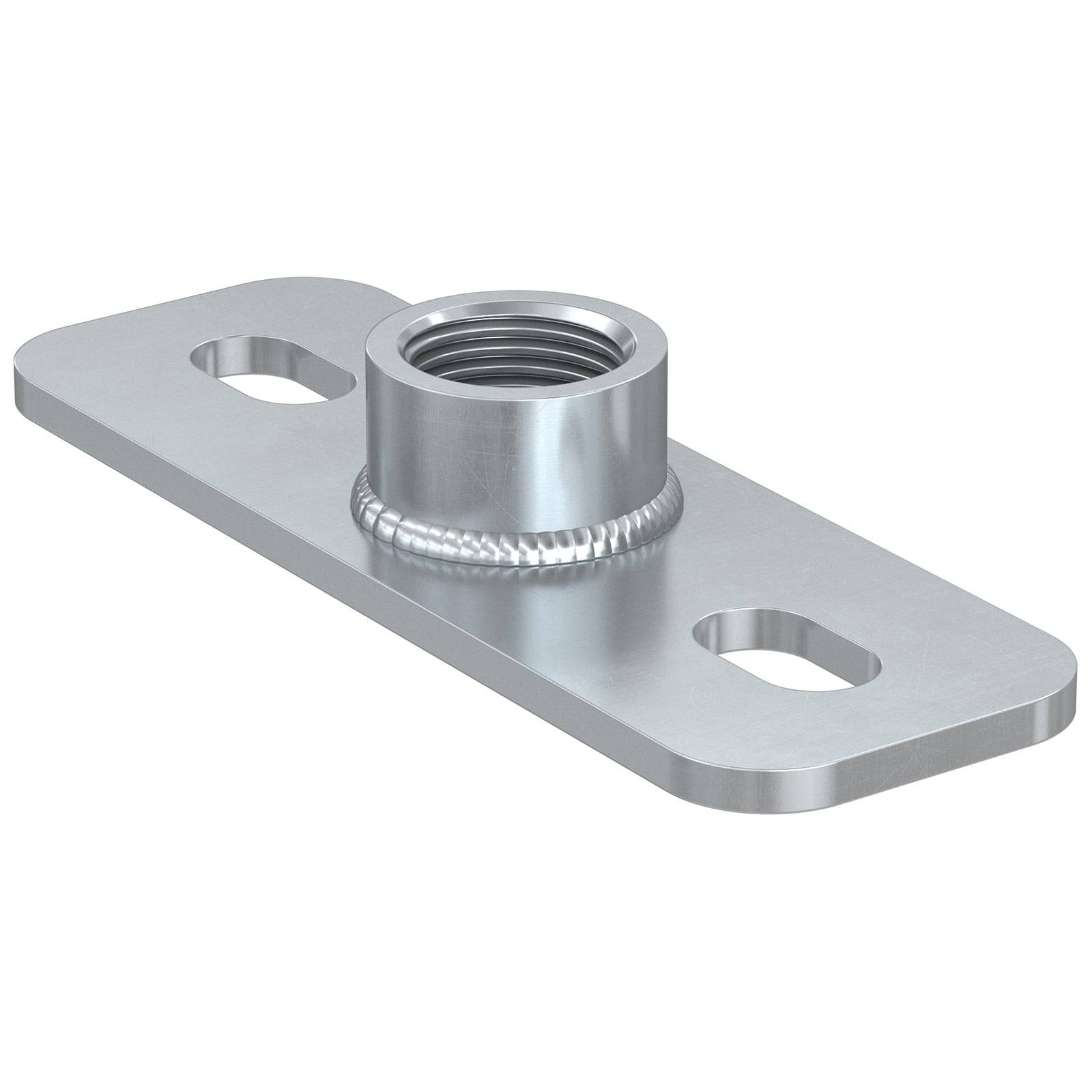 Eine rechteckige Metallhalterung mit einem gewindebohrten Loch in der Mitte und zwei länglichen Löchern an jedem Ende zum Befestigen.