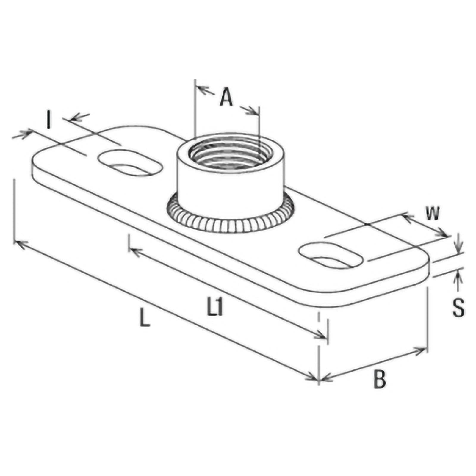 Technische Zeichnung einer Metallhalterung mit zentralem Gewindeloch. Beschriftete Maße: Länge (L, L1, B), Breite (w), Dicke (S) und Lochdurchmesser (A, I).