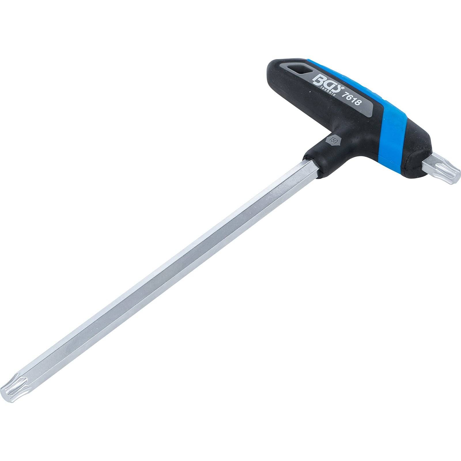 T-Griff-Sechskantschlüssel mit einem langen, metallischen Schaft und einem schwarz-blauen Griffgriff, der zum Anziehen oder Lösen von Sechskantschrauben verwendet wird.