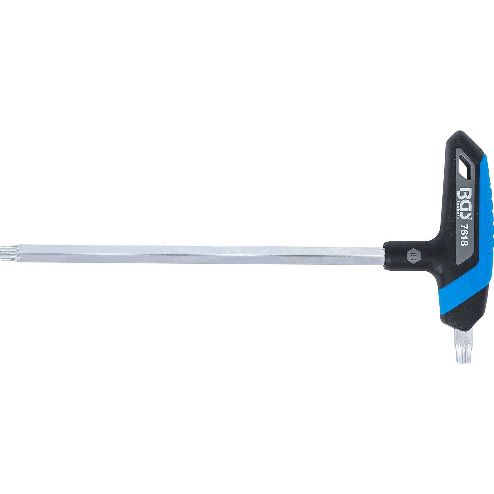 T-Griff-Torx-Schraubendreher mit einem schwarz-blauen Griff und einem langen Schaft, entwickelt für präzise Drehmomentanwendung bei Schraubarbeiten.
