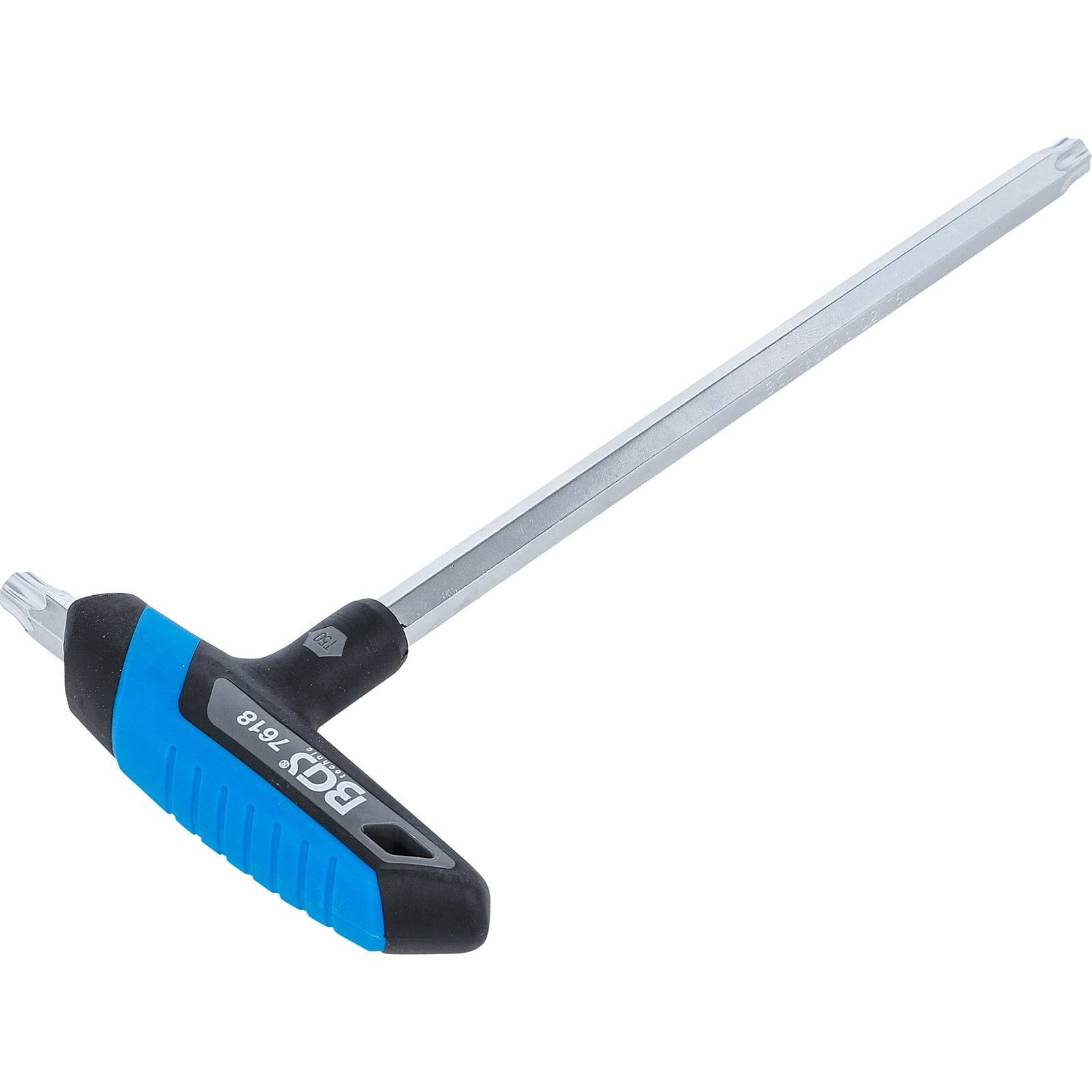 Ein blauer und schwarzer T-Griff-Torx-Schlüssel mit einem langen Metallschaft, beschriftet mit BGS 7968.