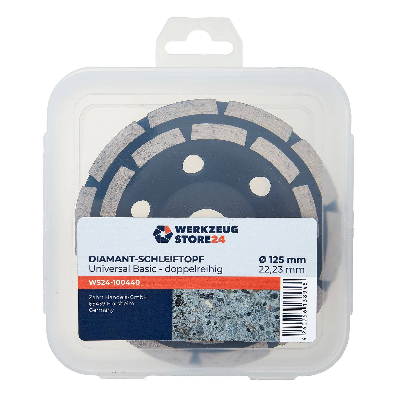 Ein Elektrowerkzeug-Zubehör, gekennzeichnet als universelle Diamant-Schleifscheibe, 125 mm Durchmesser, in Verpackung mit Markenetikett präsentiert.