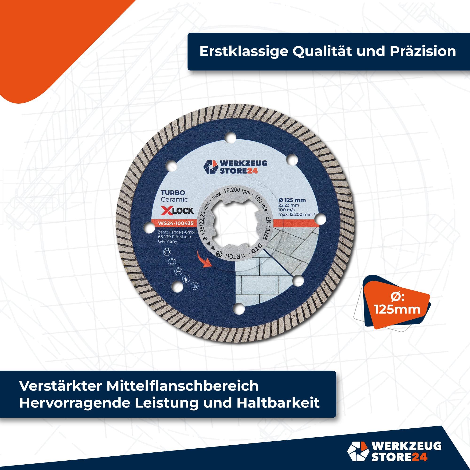 Kreisförmige Diamant-Sägeblatt, beschriftet mit '125mm' mit Markeninformationen. Text liest sich: 'Erstklassige Qualität und Präzision' und 'Hervorragende Leistung und Haltbarkeit.