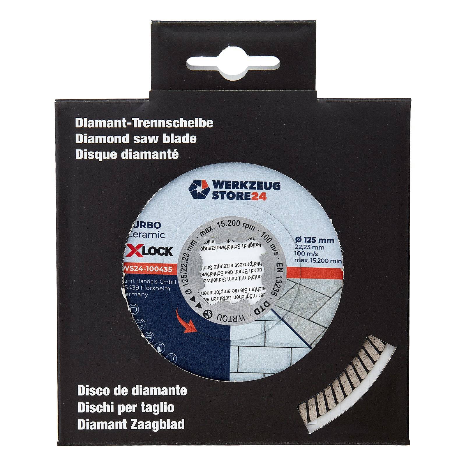 Diamant-Sägeblatt-Verpackung mit mehrsprachigem Text, mit Abbildung des Sägeblatts. Geeignet für Keramikfliesen, 125 mm Durchmesser, 12.200 U/min.