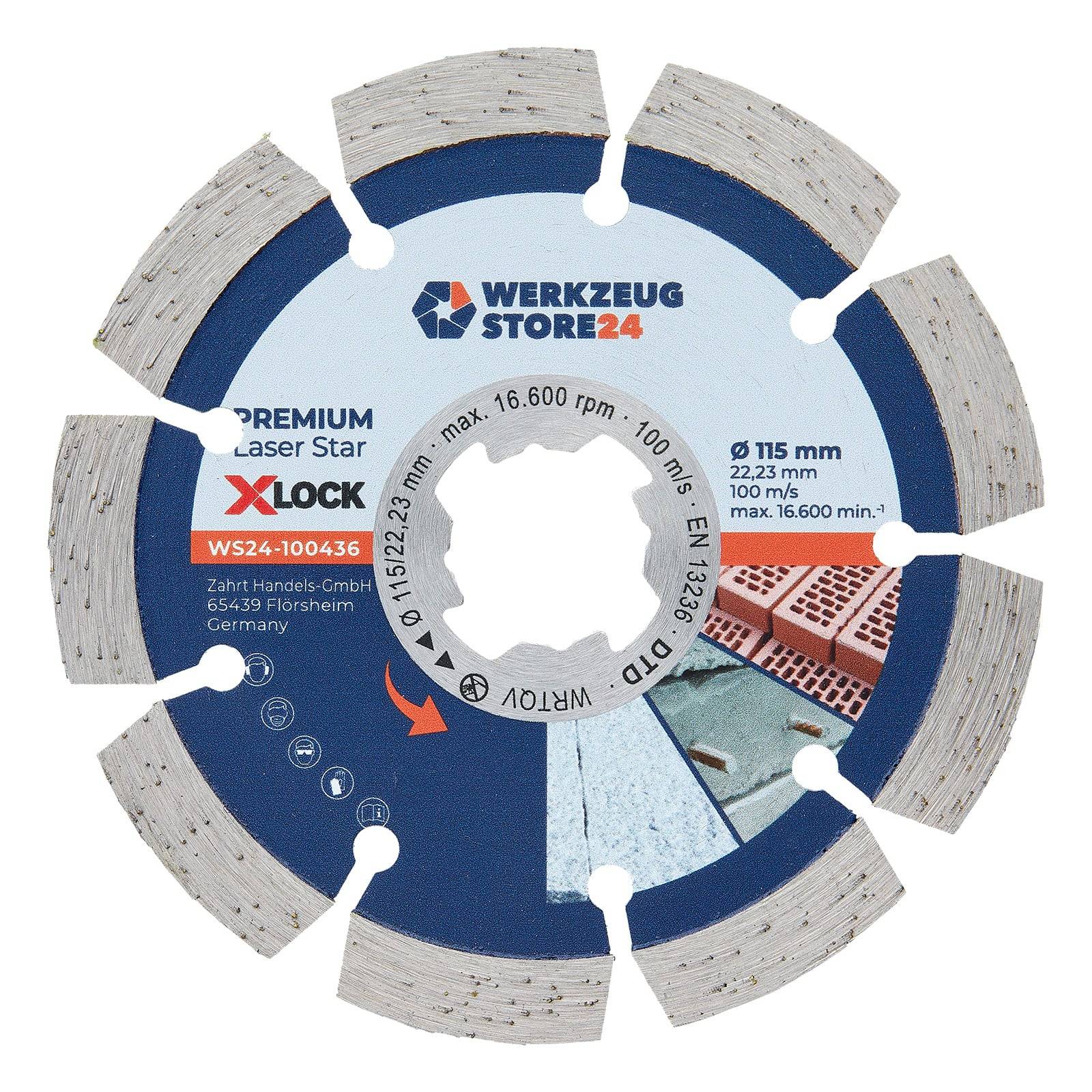 Kreissägeblatt mit 'Werkzeug Store 24' Branding, gekennzeichnet als 'Premium Laser Star X-Lock WS24-100463'. Geeignet für Ziegel, Fliesen und Pflasterstein.