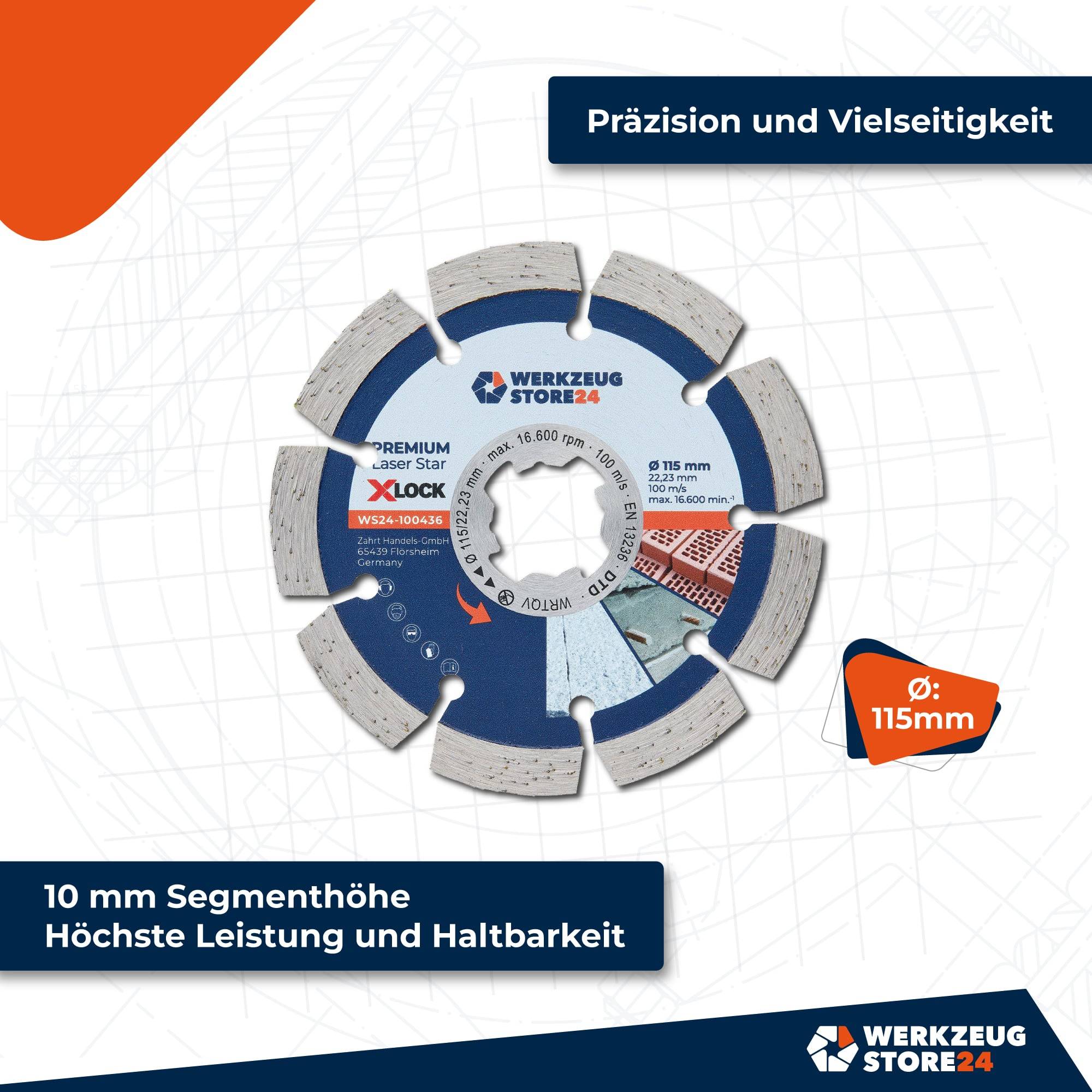 Diamant-Trennscheibe mit Beschriftung 'WERKZEUG STORE 24' für Präzision und Vielseitigkeit, 115 mm Durchmesser. Text besagt '10 mm Segmenthöhe für maximale Leistung und Haltbarkeit.