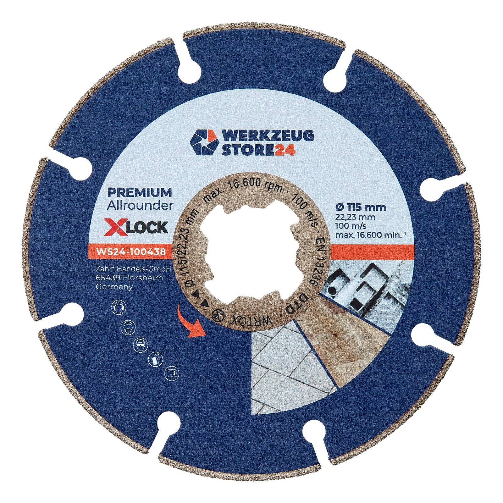 Diamant-Trennscheibe mit 'X-LOCK' Funktion, entwickelt für Holz und Multimaterialien, Durchmesser 115mm, max. 16.600 U/min, von Werkzeugstore24.