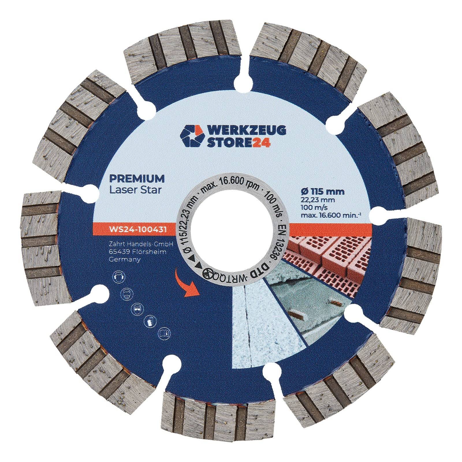 Eine blaue und silberne kreisförmige Sägeblatt-Klinge, beschriftet mit 'Werkzeug Store 24 Premium Laser Star', mit Spezifikationen und Kontaktdetails auf weißem Hintergrund.